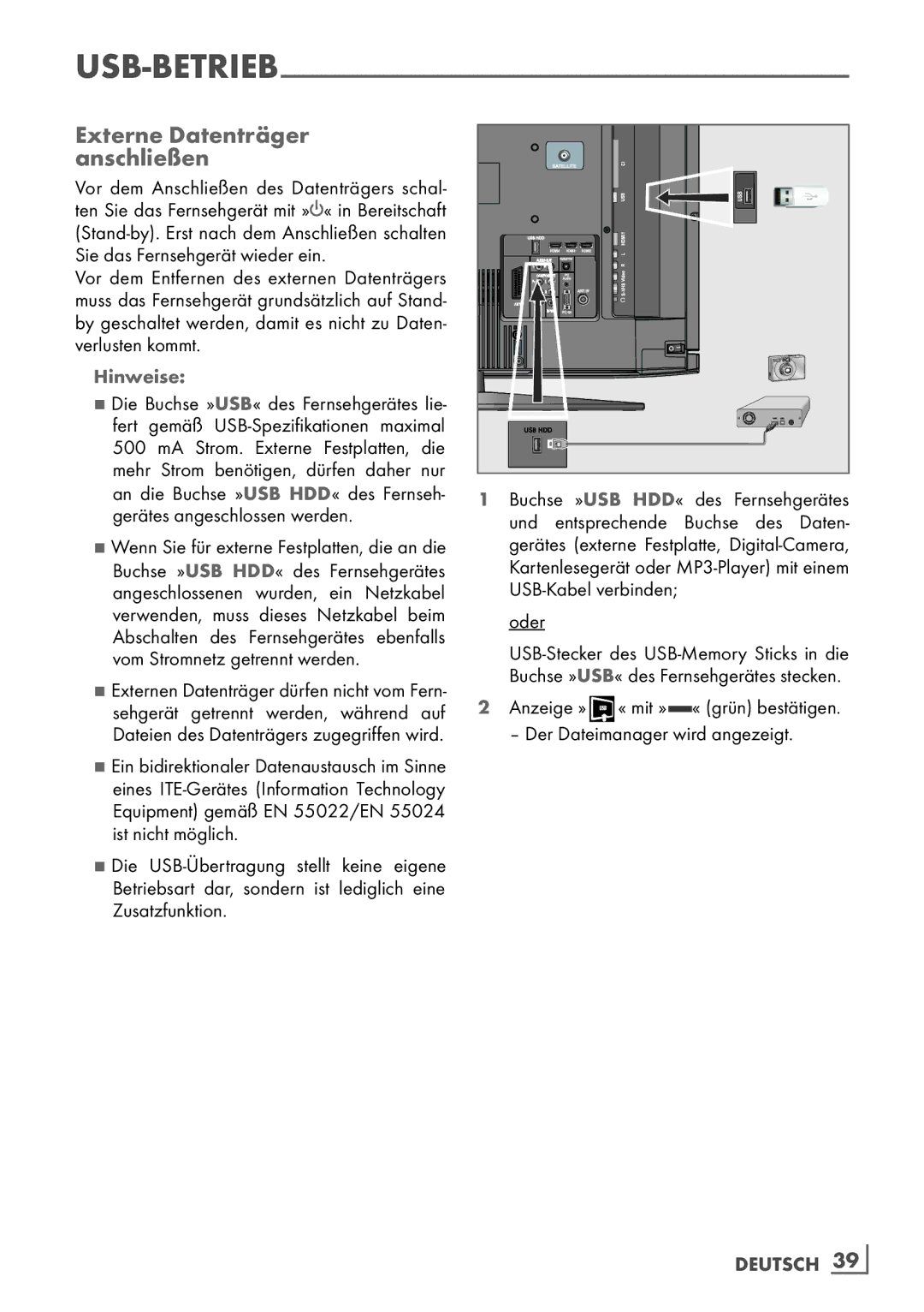 Grundig 37 VCL 2015 TE manual Externe Datenträger anschließen, Anzeige » 