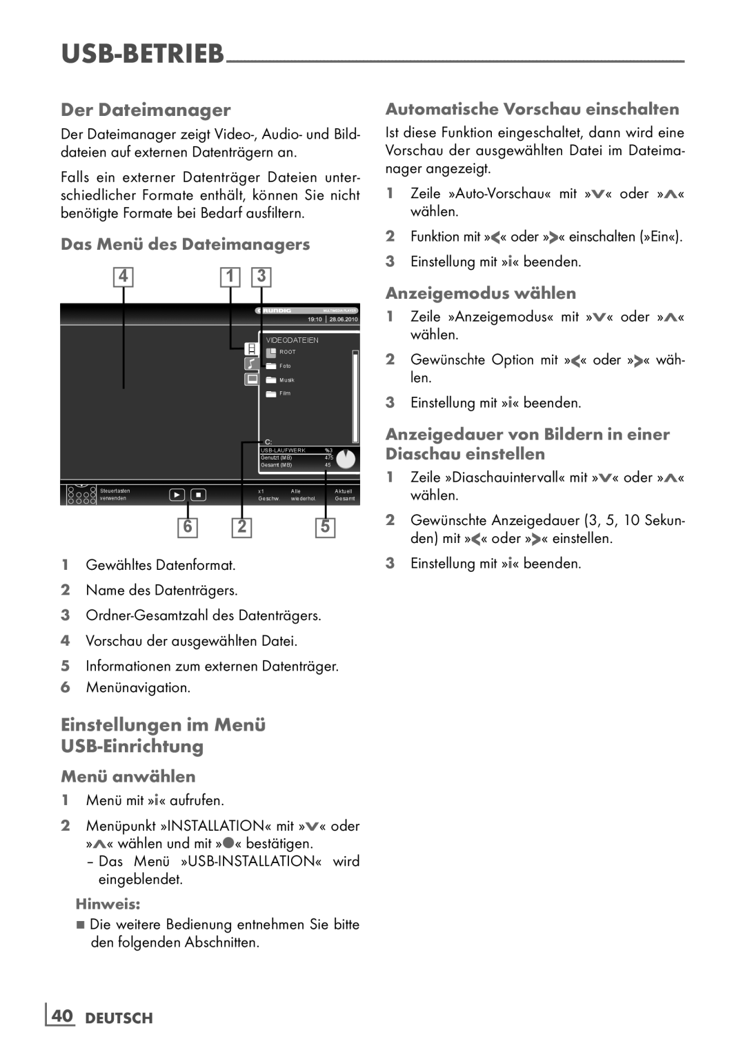 Grundig 37 VCL 2015 TE manual Der Dateimanager, Einstellungen im Menü USB-Einrichtung, Das Menü des Dateimanagers 