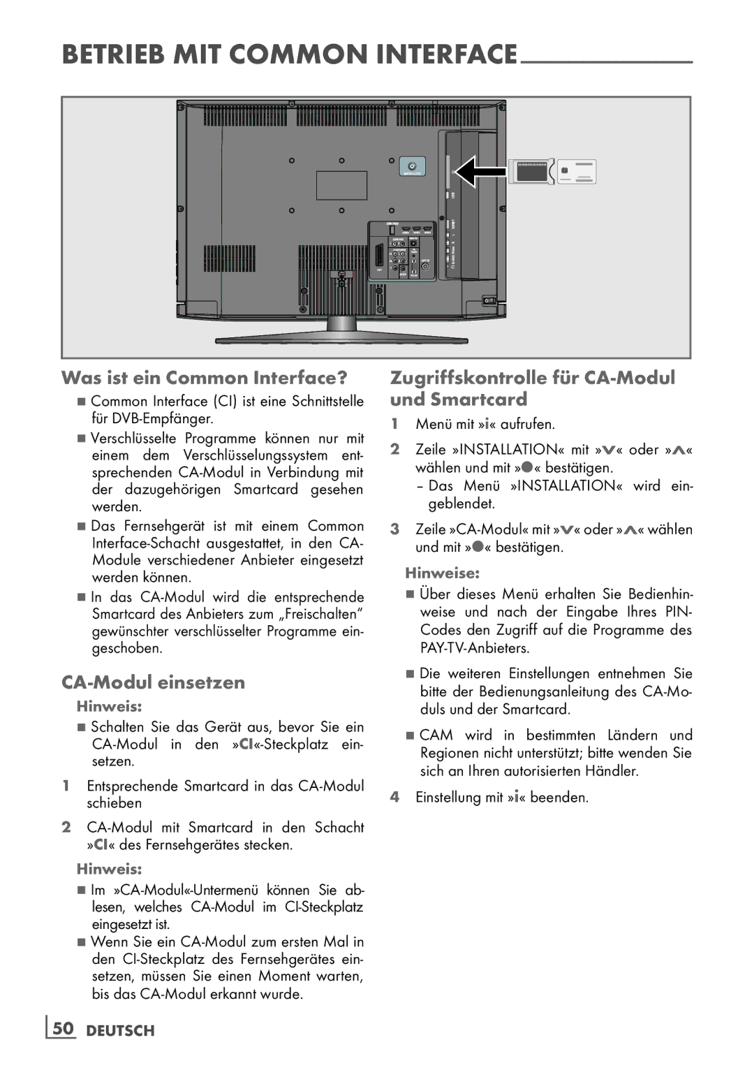 Grundig 37 VCL 2015 TE Was ist ein Common Interface?, CA-Modul einsetzen, Zugriffskontrolle für CA-Modul und Smartcard 