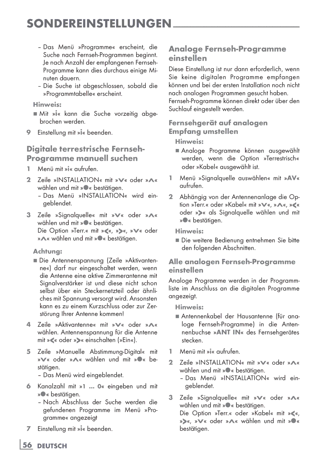 Grundig 37 VCL 2015 TE Digitale terrestrische Fernseh- Programme manuell suchen, Analoge Fernseh-Programme einstellen 