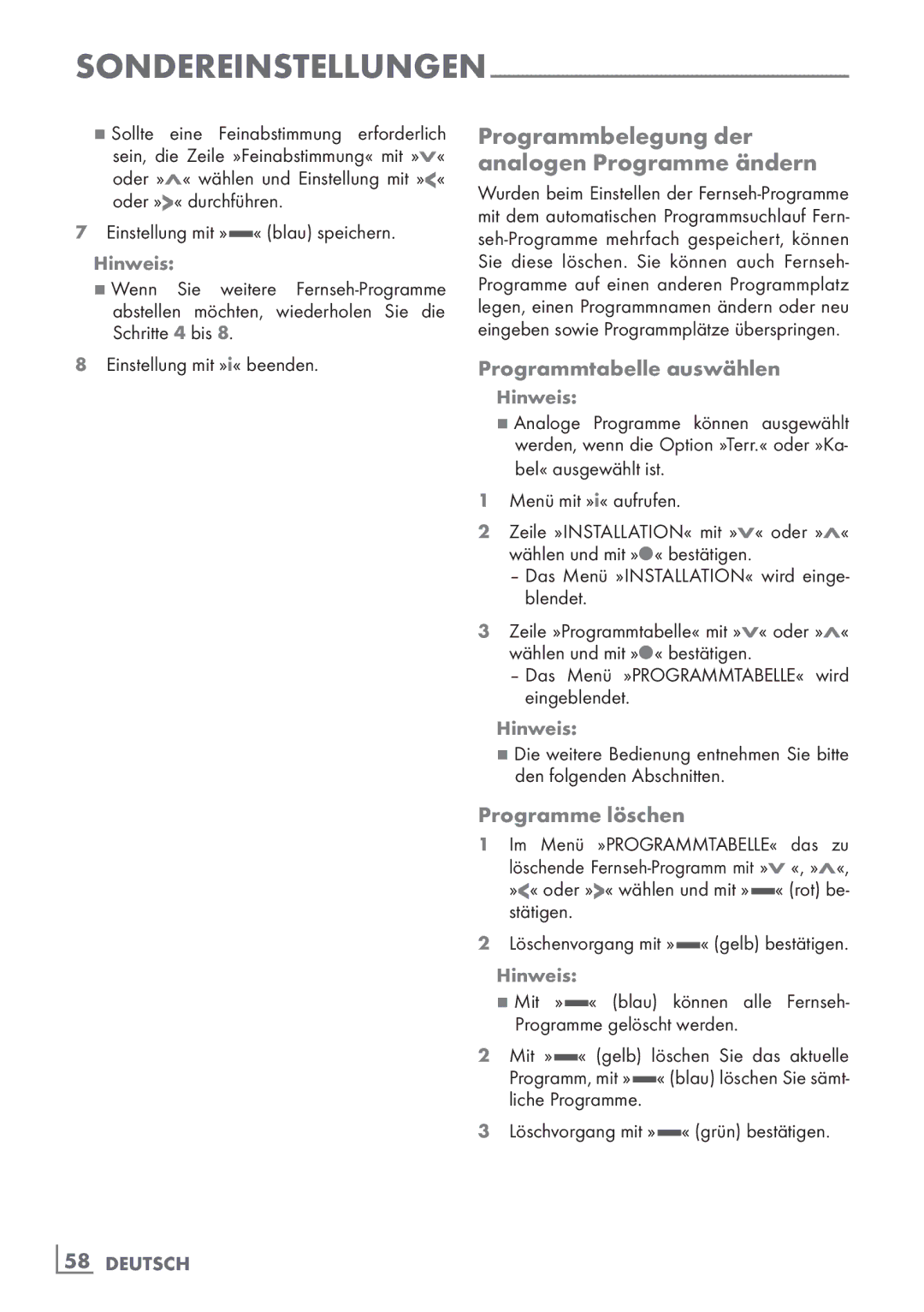 Grundig 37 VCL 2015 TE manual Programmbelegung der analogen­ Programme ändern, Programmtabelle auswählen 