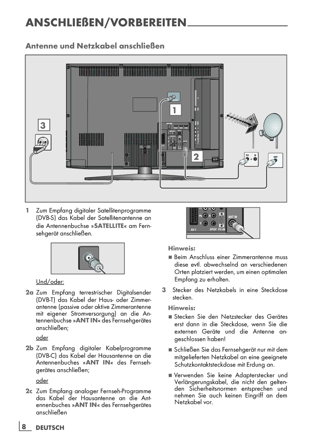 Grundig 37 VCL 2015 TE manual Antenne und Netzkabel anschließen, AnschlieSen/Vorbereiten, Hinweis 