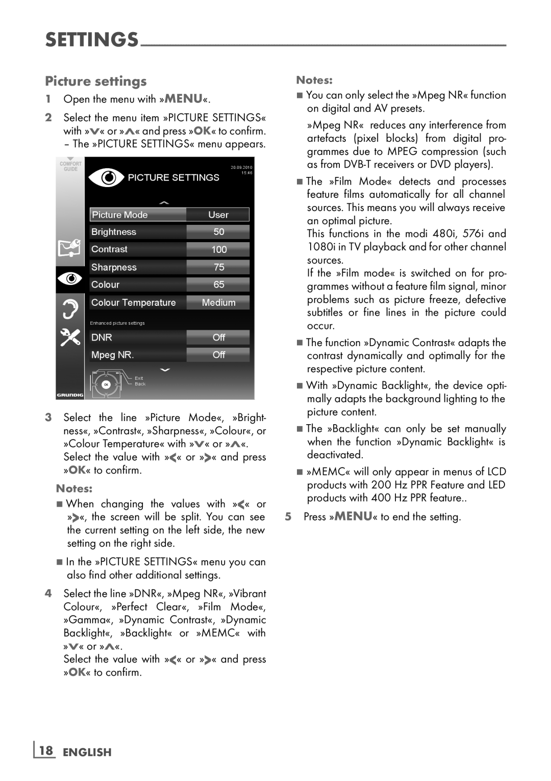 Grundig 37 VLC 6110 C manual Picture settings, Setting­ on the right side, As from DVB-T receivers or DVD players­ 