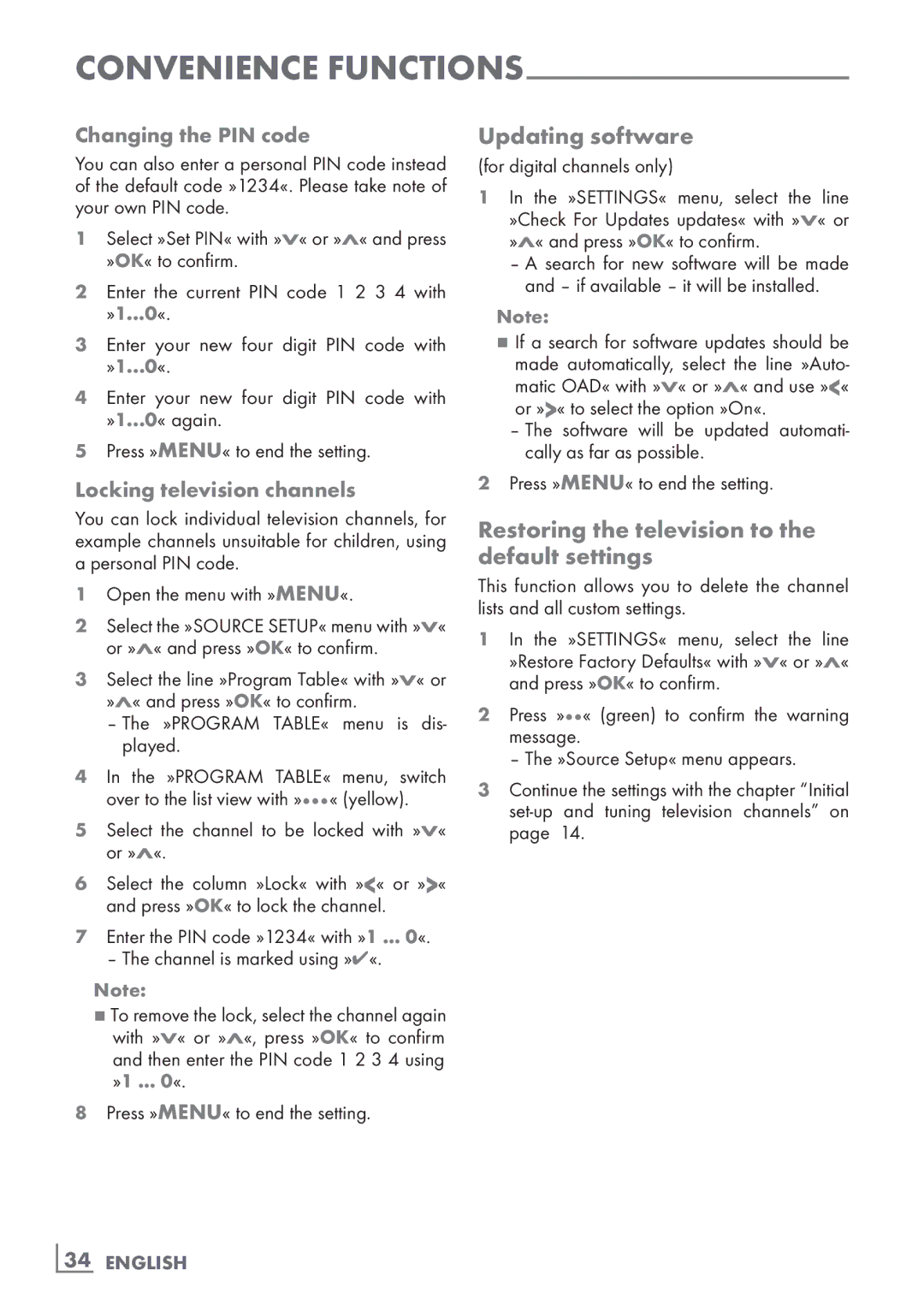 Grundig 37 VLC 6110 C Updating software, Restoring the television to the default settings, Locking television channels 