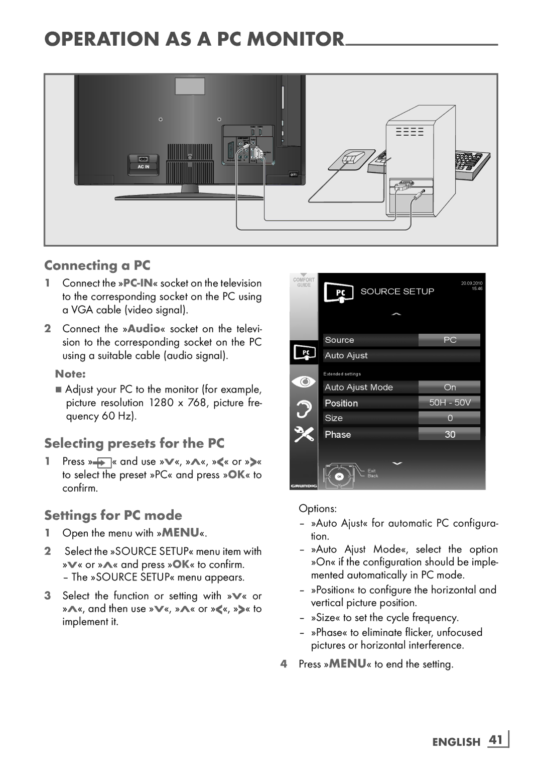 Grundig 37 VLC 6110 C manual Connecting a PC, Selecting presets for the PC, Settings for PC mode 