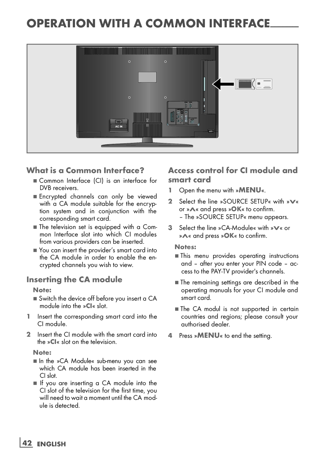 Grundig 37 VLC 6110 C What is a Common Interface?, Inserting the CA module, Access control for CI module and smart card 