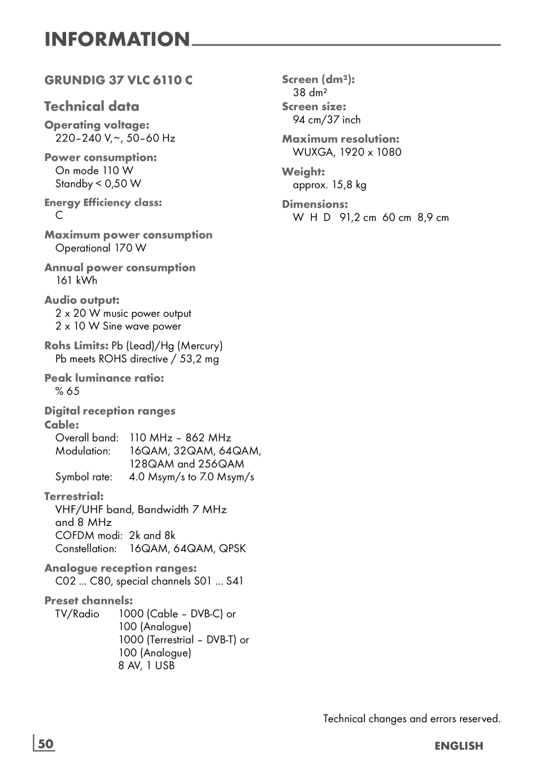 Grundig 37 VLC 6110 C manual Technical data 