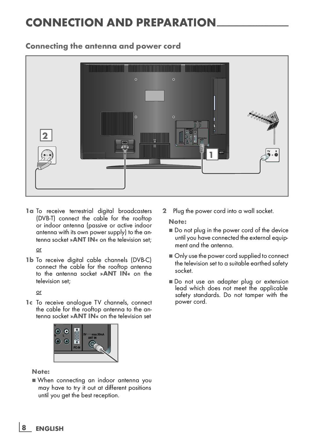 Grundig 37 VLC 6110 C manual Connecting the antenna and power cord, Connection and preparation 