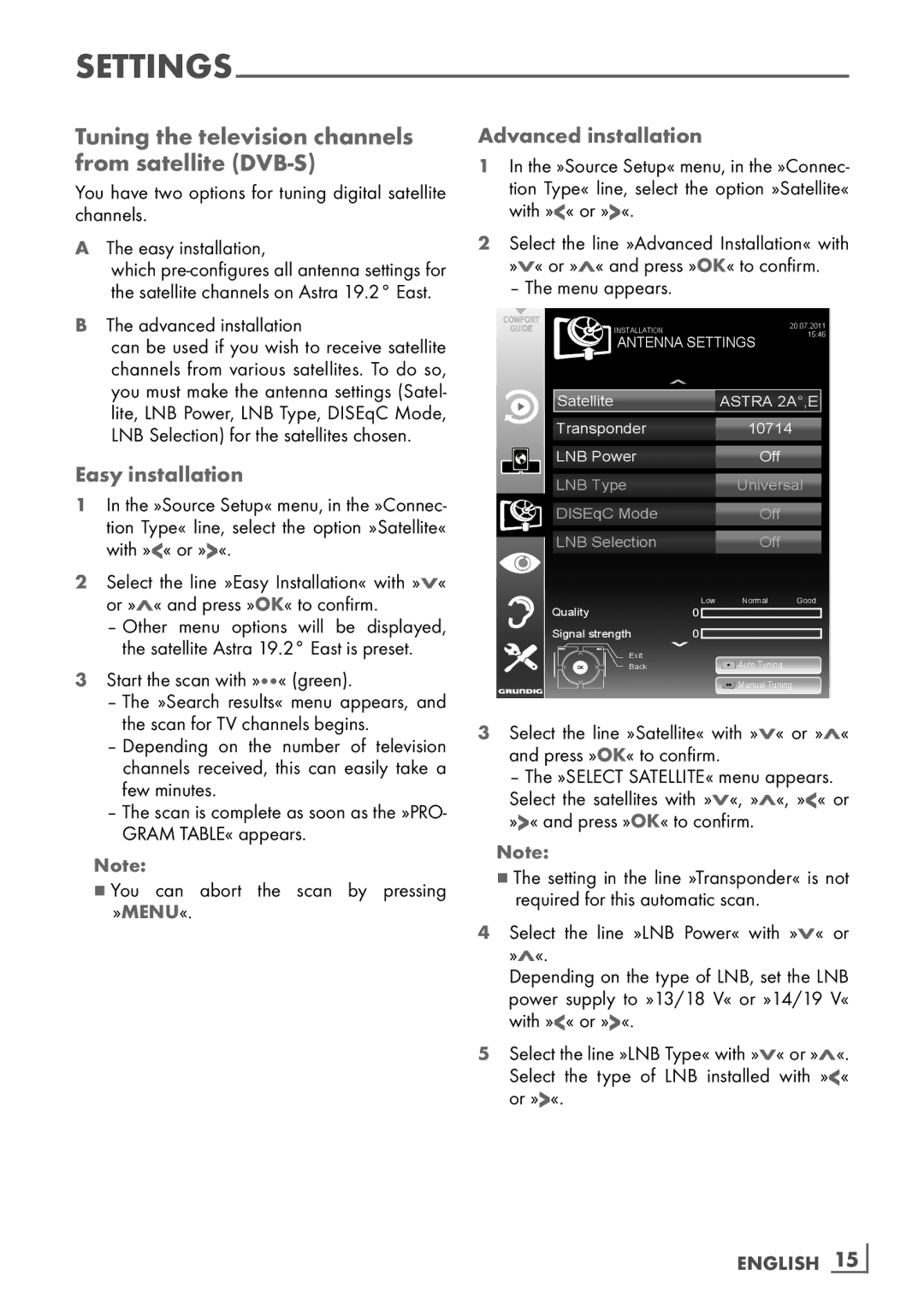 Grundig 40 CLE 8160 BL manual Tuning the television channels from satellite DVB-S, Easy installation, Advanced installation 