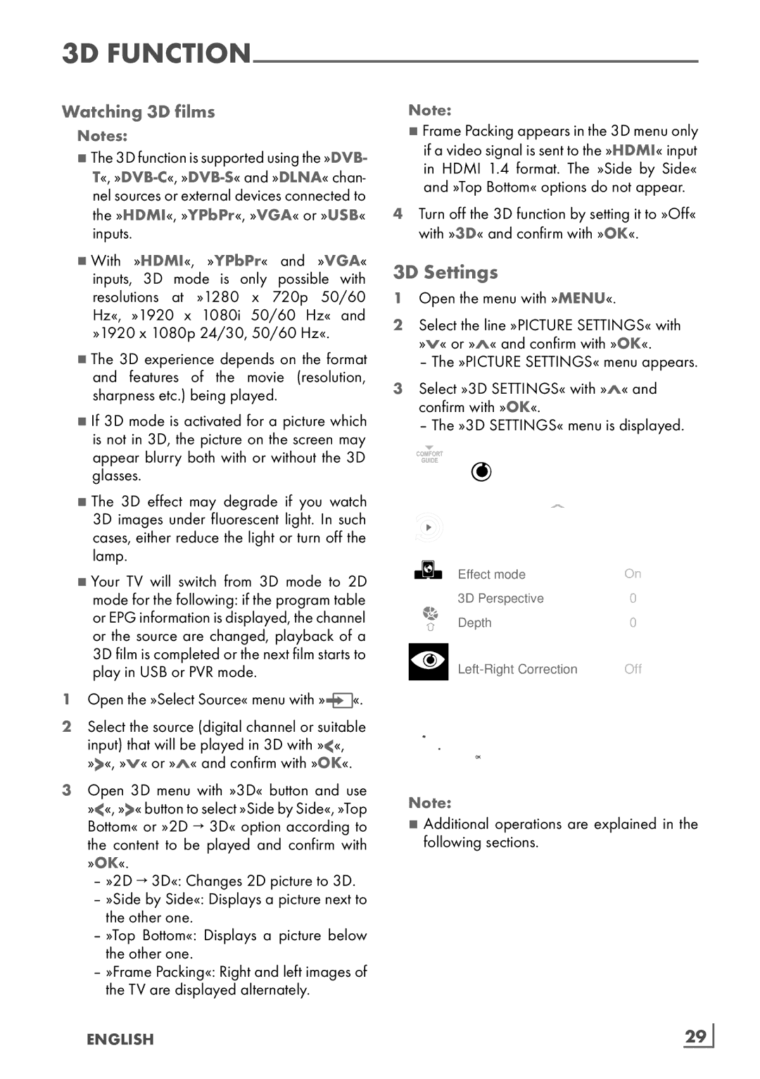 Grundig 40 CLE 8160 BL manual 3D Settings, Watching 3D films, English ­29 