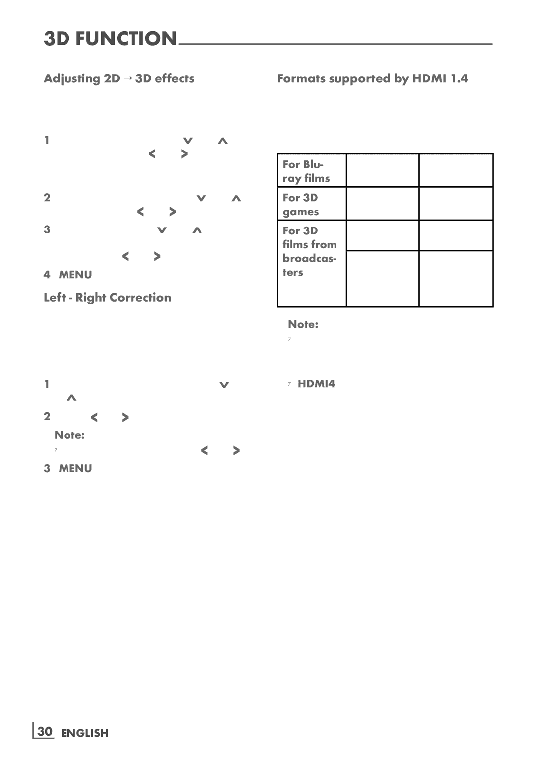 Grundig 40 CLE 8160 BL manual Adjusting 2D → 3D effects, Left Right Correction, Formats supported by Hdmi, ­30 English 