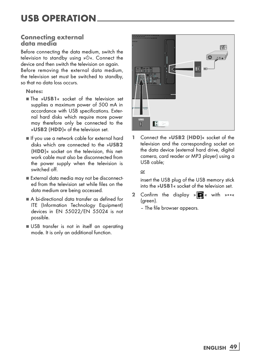 Grundig 40 CLE 8160 BL manual Connecting external ­ data media, »USB1« socket of the television set, English ­49 