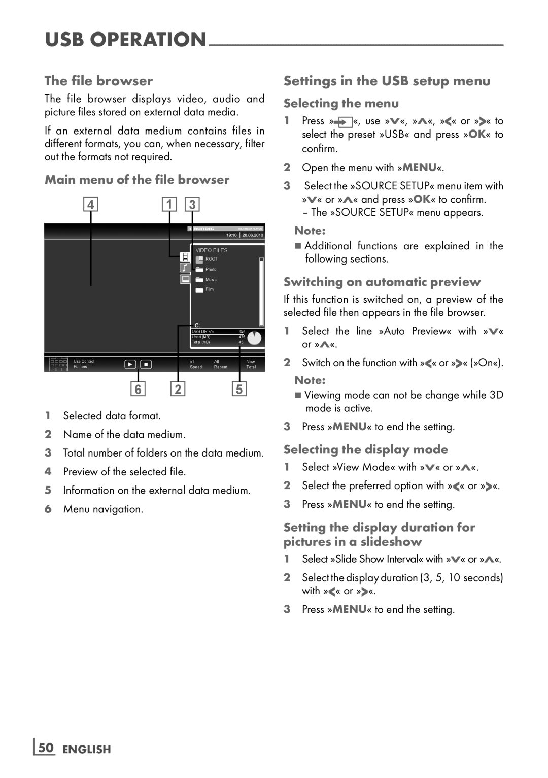 Grundig 40 CLE 8160 BL manual File browser, Settings in the USB setup menu, Main menu of the file browser 