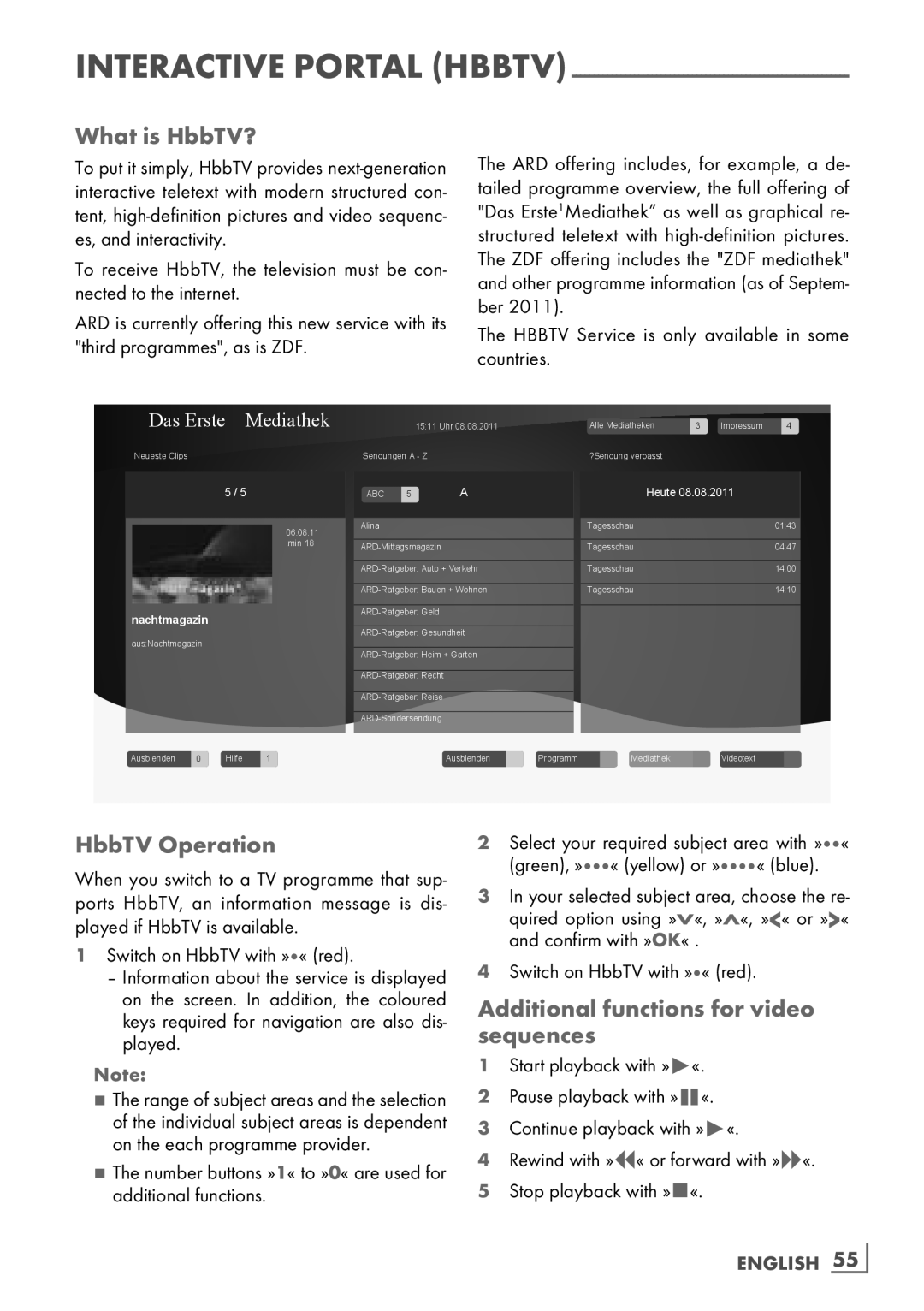 Grundig 40 CLE 8160 BL manual What is HbbTV?, HbbTV Operation, Additional functions for video sequences, English ­55 