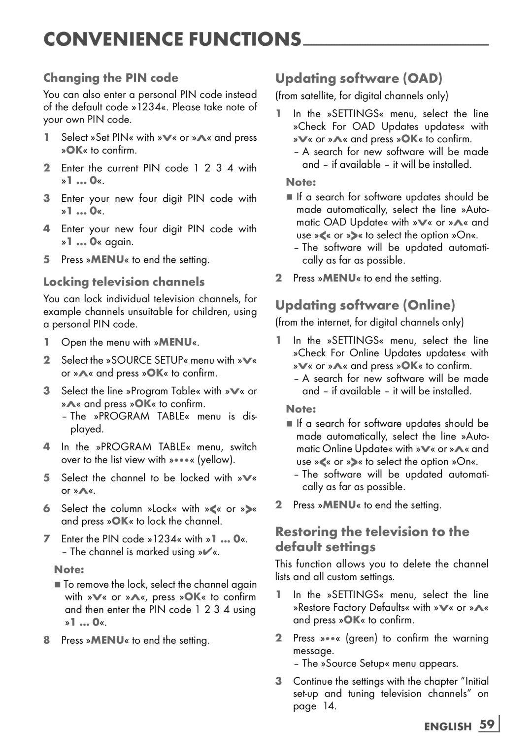 Grundig 40 CLE 8160 BL Updating software OAD, Updating software Online, Restoring the television to the default settings 