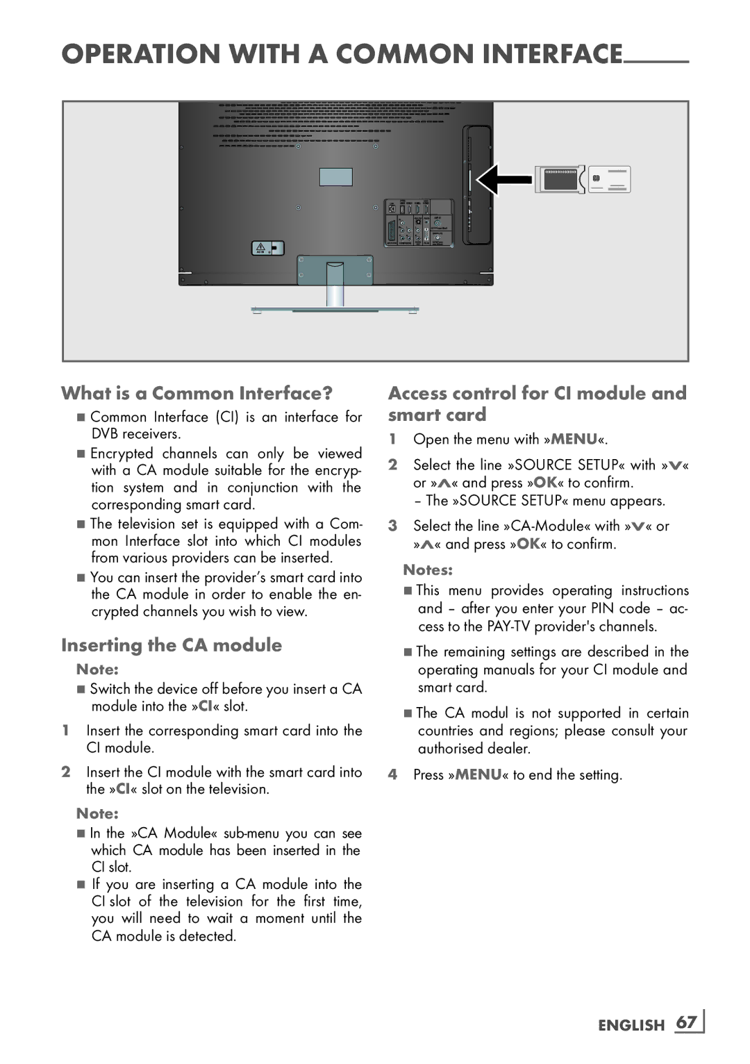 Grundig 40 CLE 8160 BL What is a Common Interface?, Inserting the CA module, Access control for CI module and smart card 