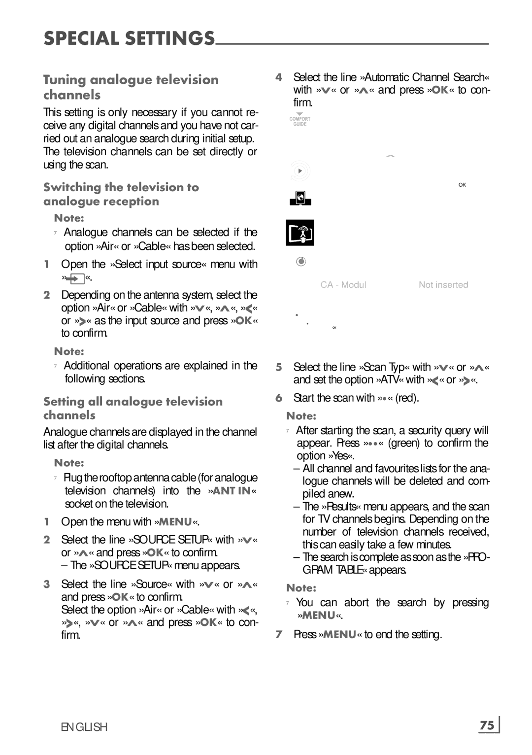 Grundig 40 CLE 8160 BL Tuning analogue television channels­, Switching the television to ­analogue reception, English ­75 