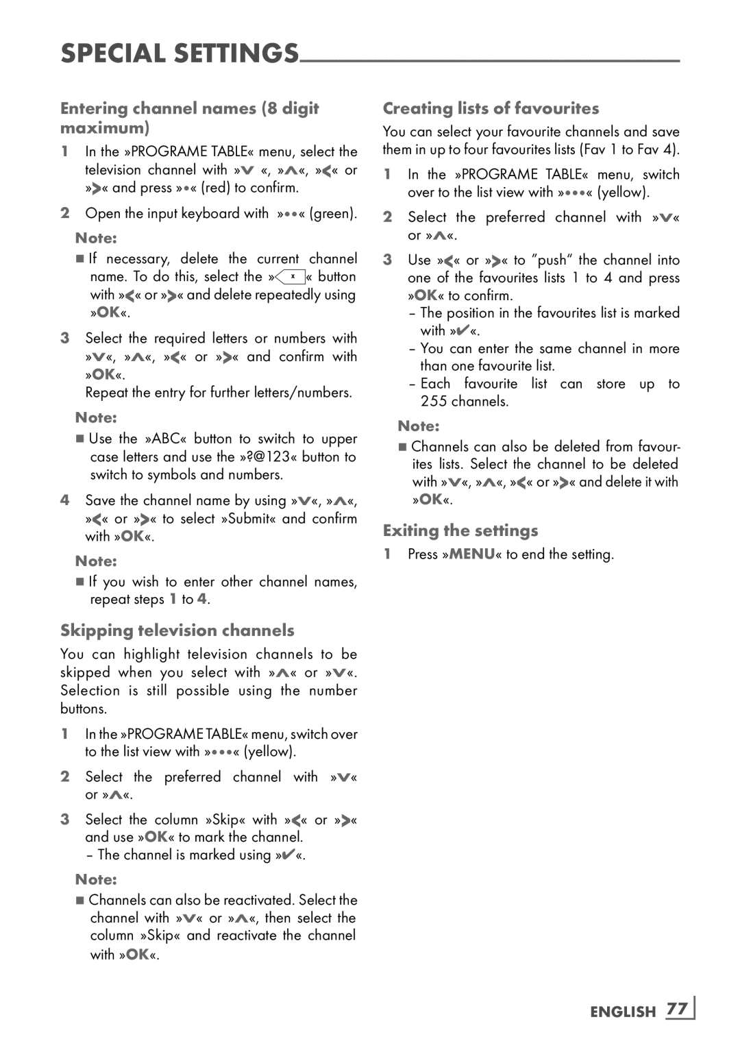 Grundig 40 CLE 8160 BL manual Entering channel names 8 digit maximum, Exiting the settings, Skipping television channels 