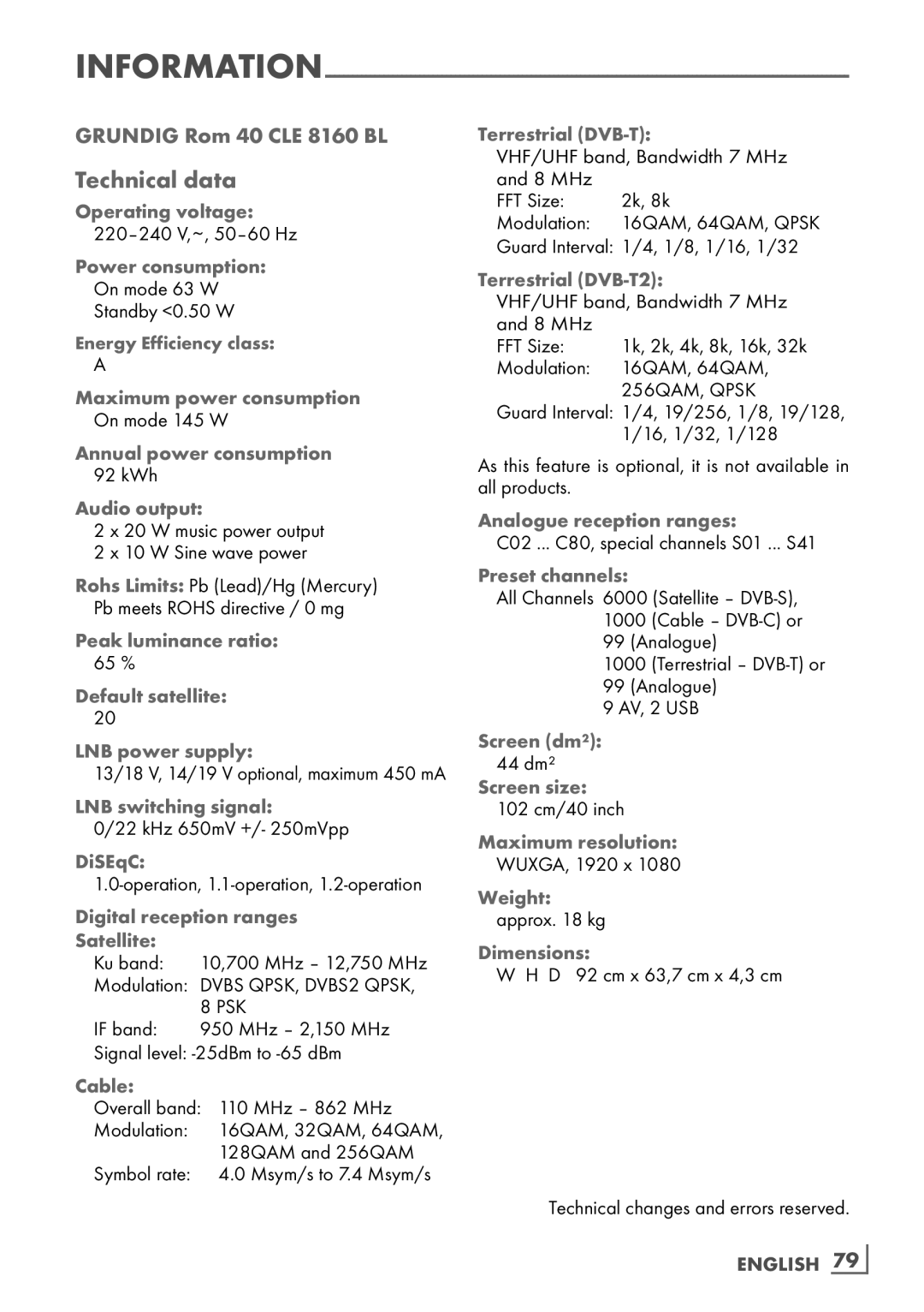 Grundig manual Technical data, Grundig Rom 40 CLE 8160 BL, English ­79 