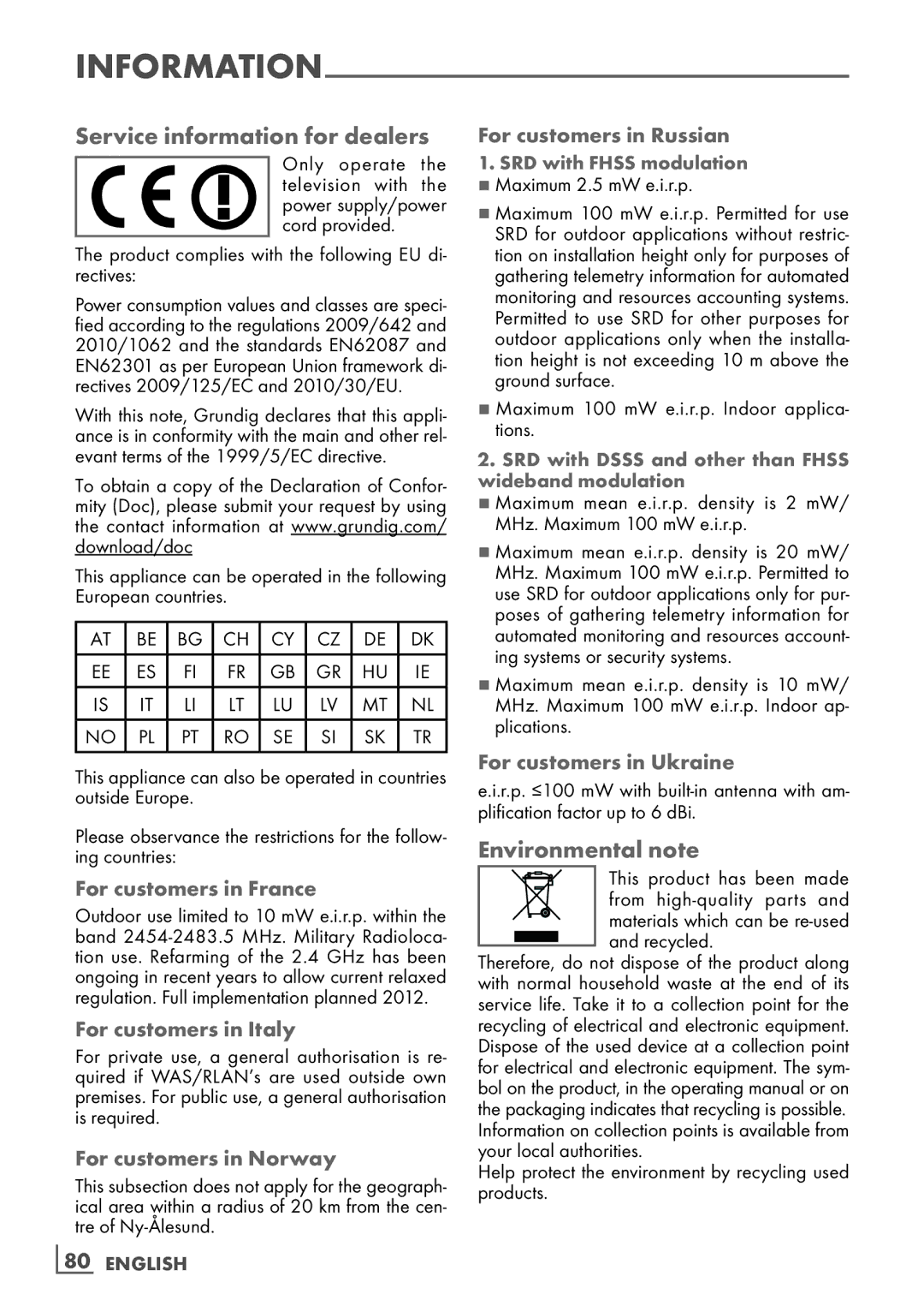 Grundig 40 CLE 8160 BL manual Service information for dealers, Environmental note 