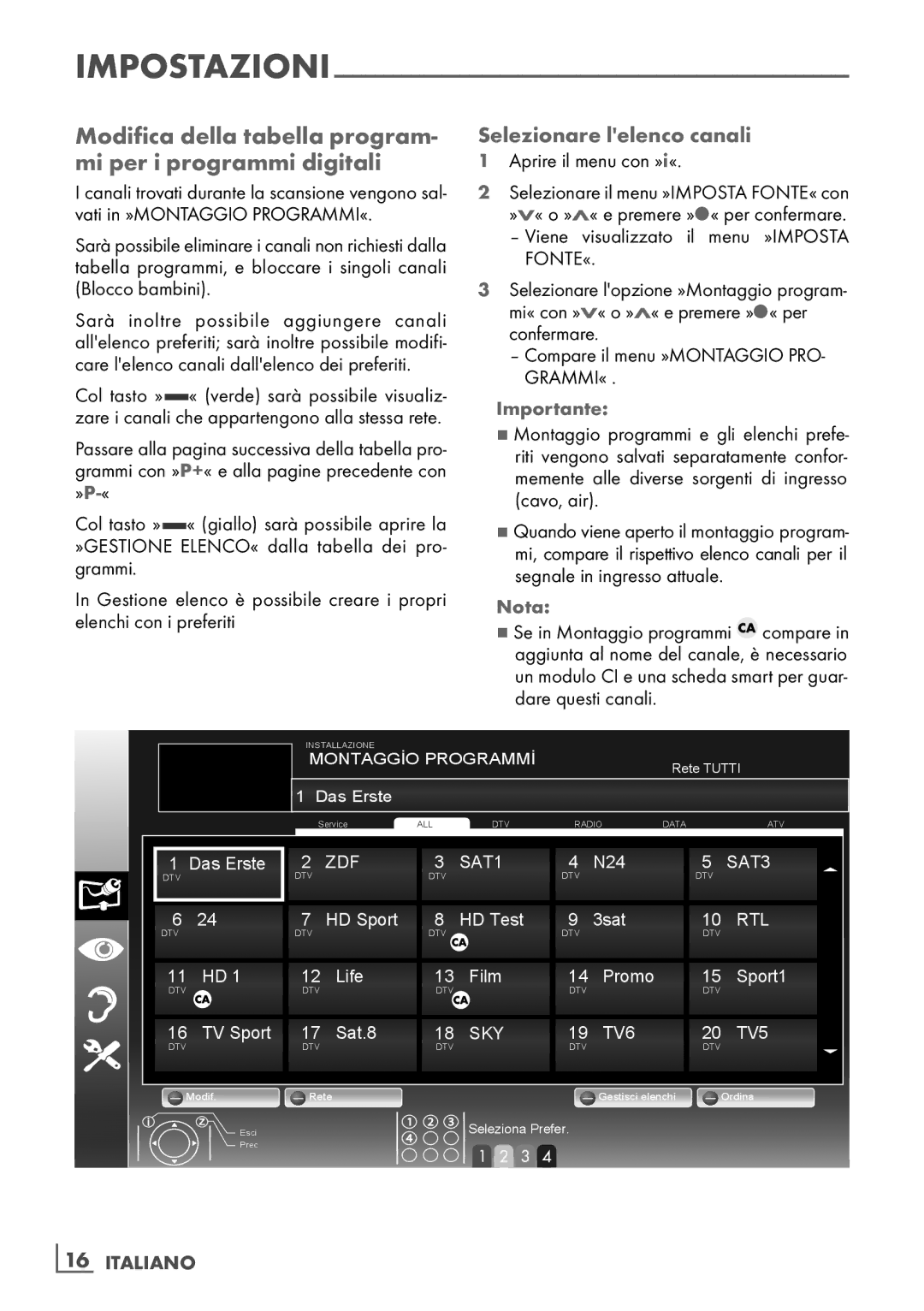 Grundig 40 VLE 4130 BF Modifica della tabella program- mi per i programmi digitali, Selezionare lelenco canali, Importante 