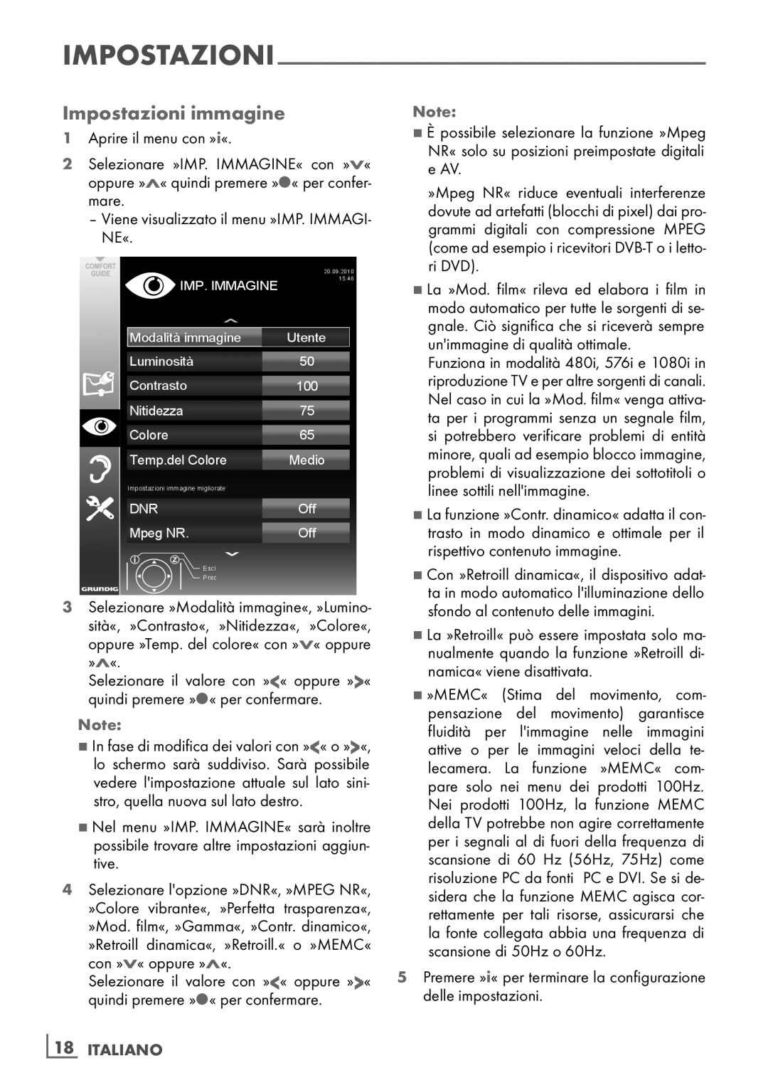 Grundig 40 VLE 4130 BF, 32 VLE 4130 BF manual Impostazioni immagine, ­18 Italiano 