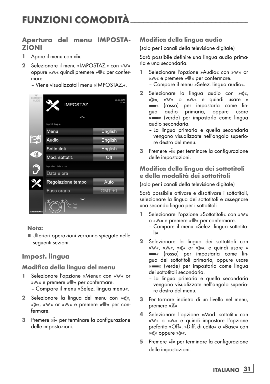 Grundig 32 VLE 4130 BF, 40 VLE 4130 BF manual Apertura del menu Imposta, Impost. lingua, Modifica della lingua del menu 