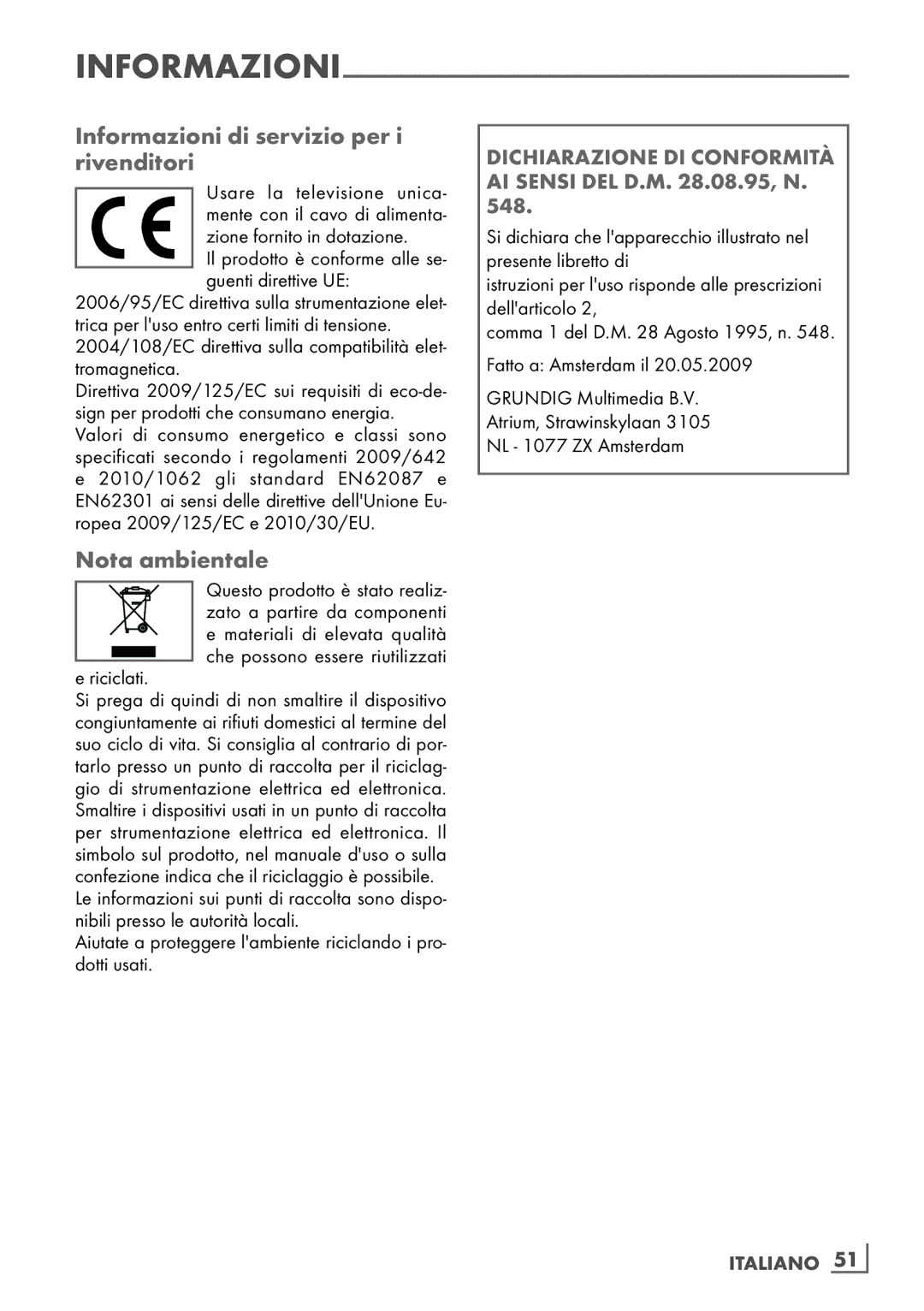 Grundig 32 VLE 4130 BF, 40 VLE 4130 BF manual Informazioni di servizio per i rivenditori, Nota ambientale 