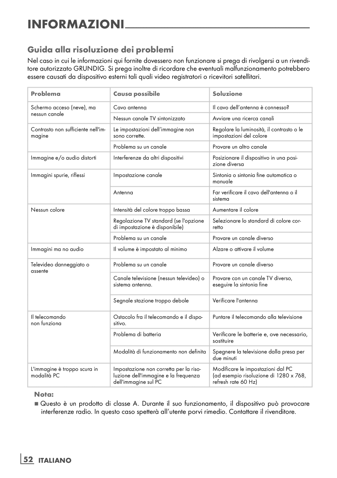 Grundig 40 VLE 4130 BF, 32 VLE 4130 BF manual Guida alla risoluzione dei problemi, Problema Causa possibile Soluzione 