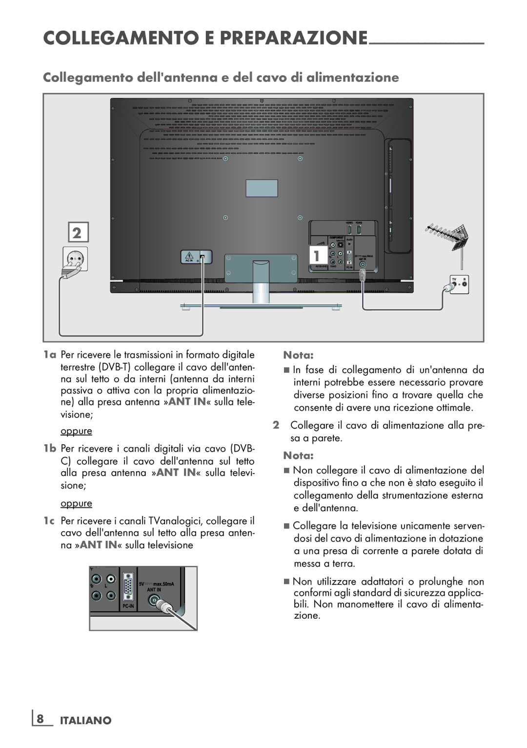 Grundig 40 VLE 4130 BF manual Collegamento dellantenna e del cavo di alimentazione, Collegamento e preparazione, Nota 