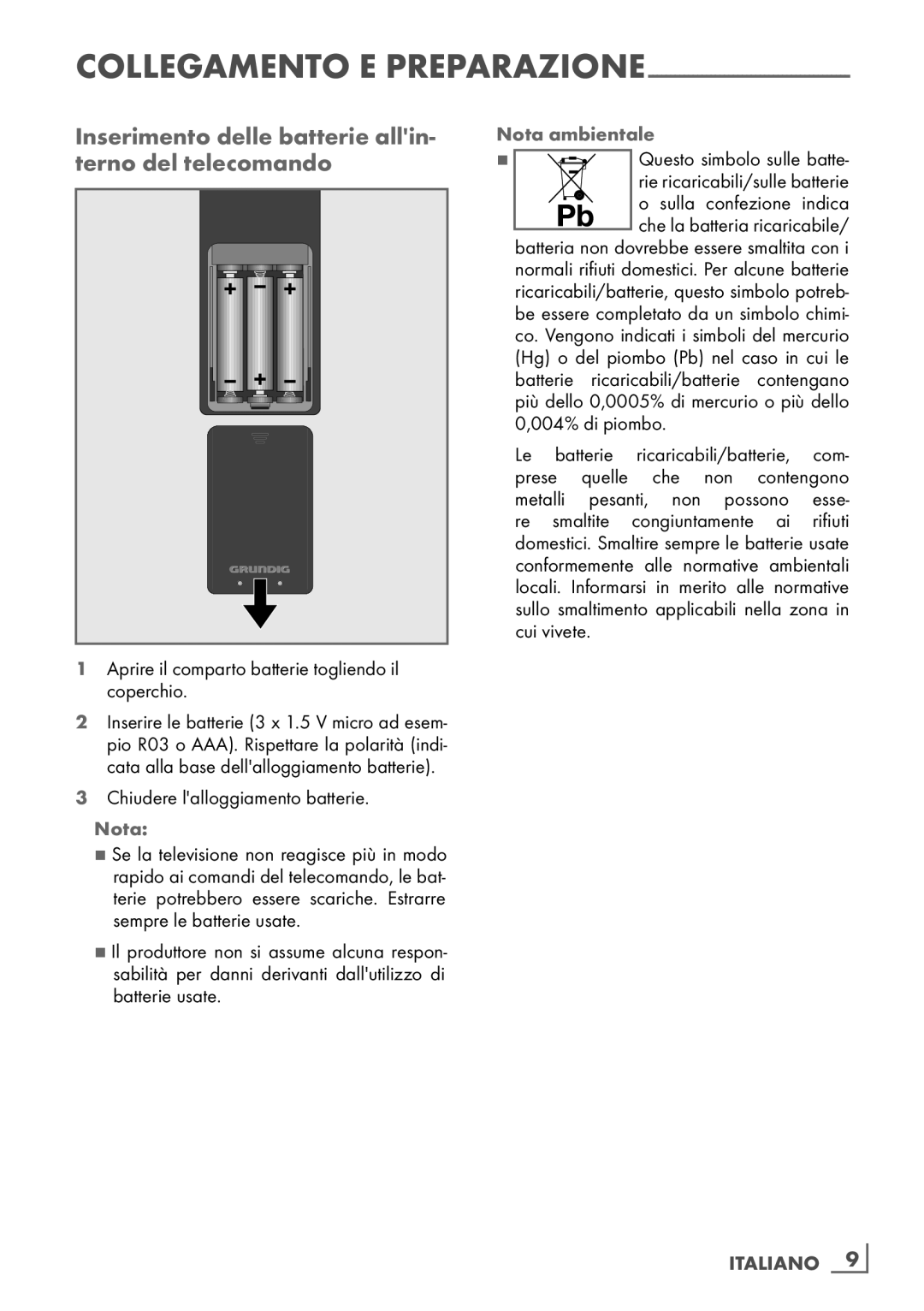 Grundig 32 VLE 4130 BF, 40 VLE 4130 BF manual Inserimento delle batterie allin, Terno del telecomando, Nota ambientale 