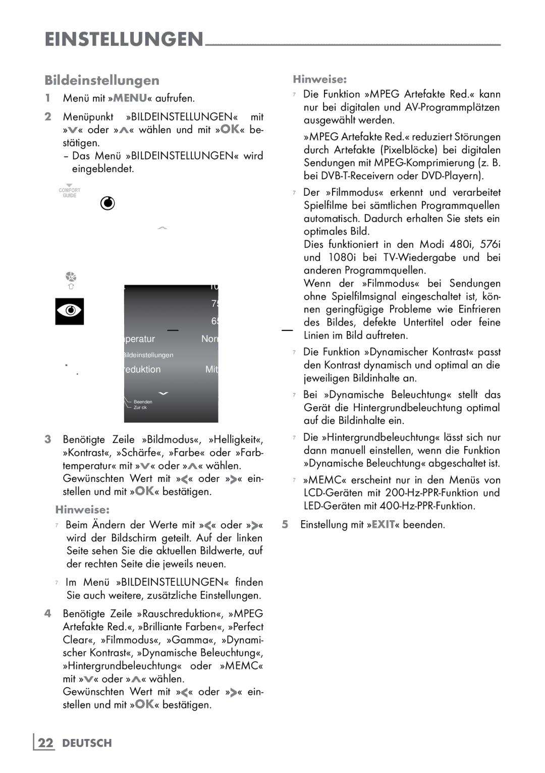 Grundig 40 VLE 555 BG manual Bildeinstellungen, Anderen­ Programmquellen, Linien­ im Bild auftreten 