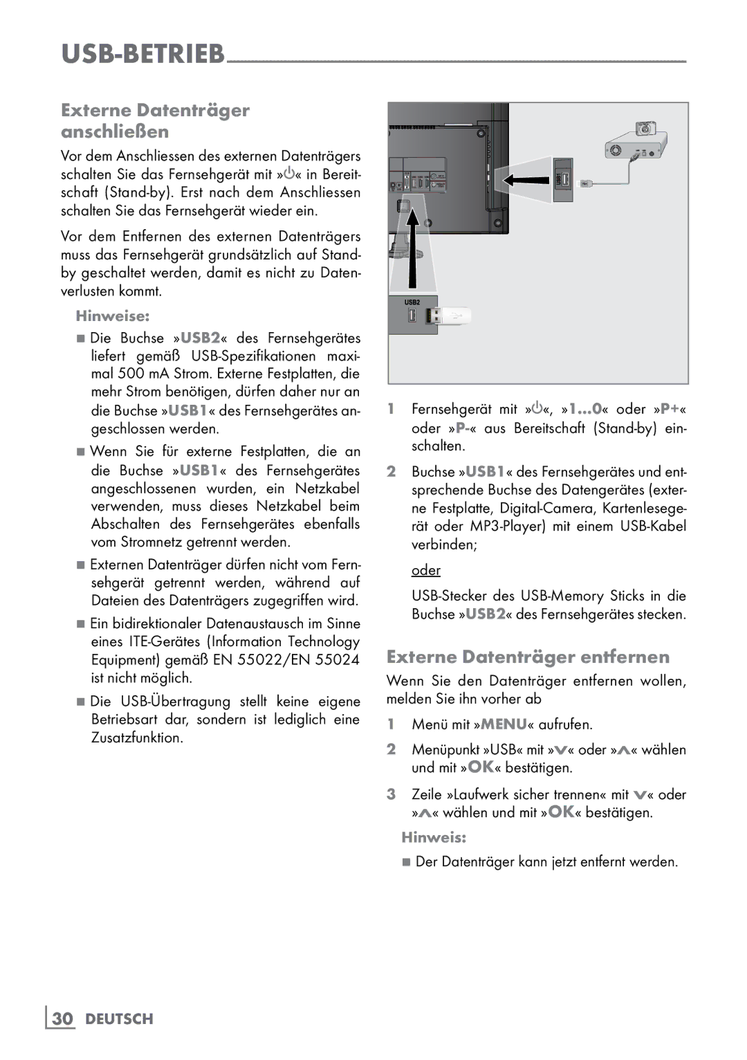 Grundig 40 VLE 555 BG manual Externe Datenträger anschließen, Externe Datenträger entfernen, Schalten 