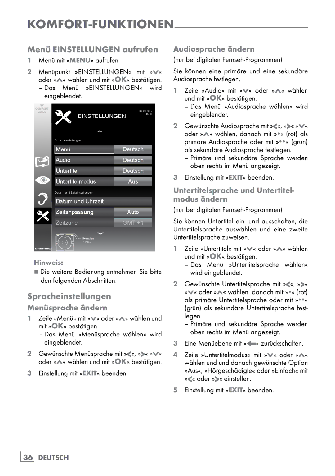 Grundig 40 VLE 555 BG manual Menü Einstellungen aufrufen, Spracheinstellungen 