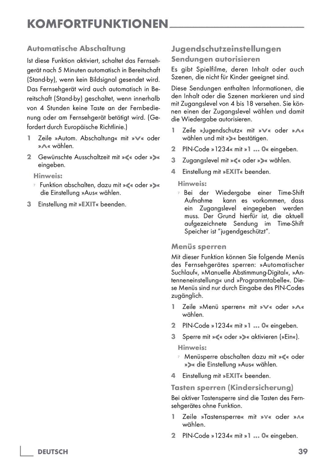 Grundig 40 VLE 555 BG manual Jugendschutzeinstellungen, Komfortfunktionen Automatische Abschaltung, Sendungen autorisieren 