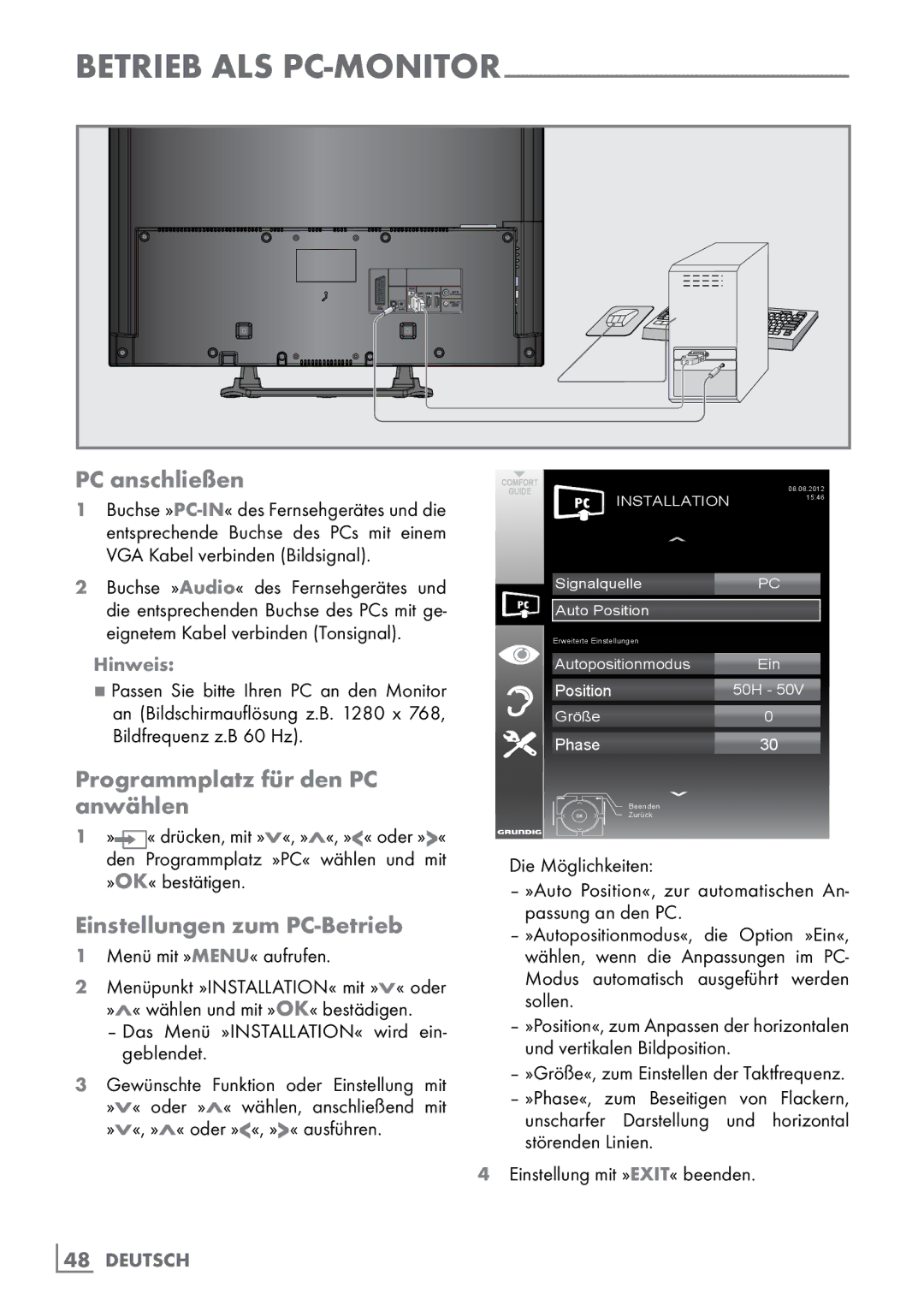 Grundig 40 VLE 555 BG manual Programmplatz für den PC ­anwählen, Einstellungen zum PC-Betrieb 