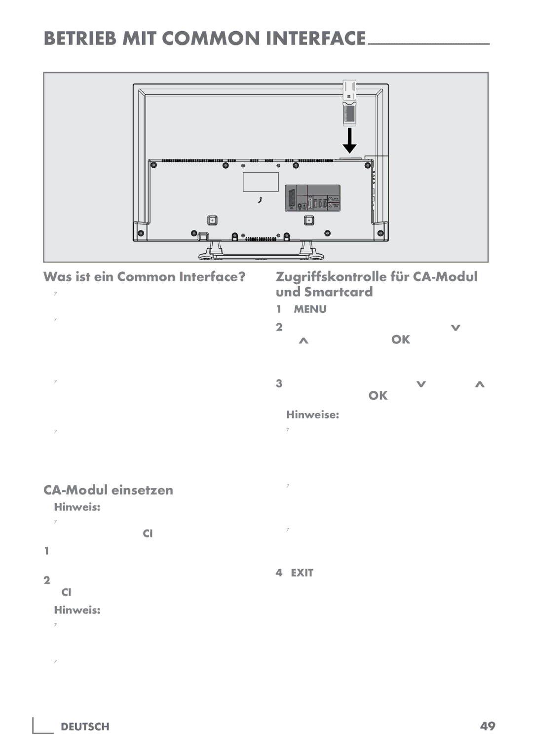 Grundig 40 VLE 555 BG Was ist ein Common Interface?, CA-Modul einsetzen, Zugriffskontrolle für CA-Modul und Smartcard 