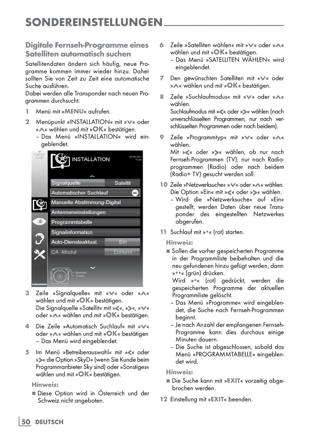 Grundig 40 VLE 555 BG Sondereinstellungen, Zeile »Programmtyp« mit »V« oder »Λ« wählen, Wird die »Netzwerksuche« auf »Ein« 