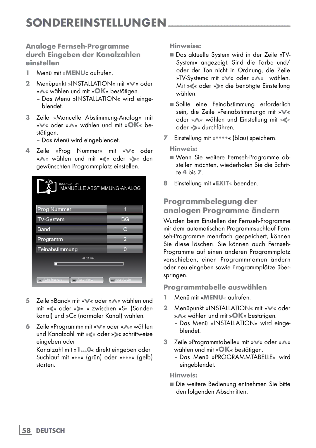 Grundig 40 VLE 555 BG manual Programmbelegung der analogen Programme ändern, Programmtabelle auswählen 