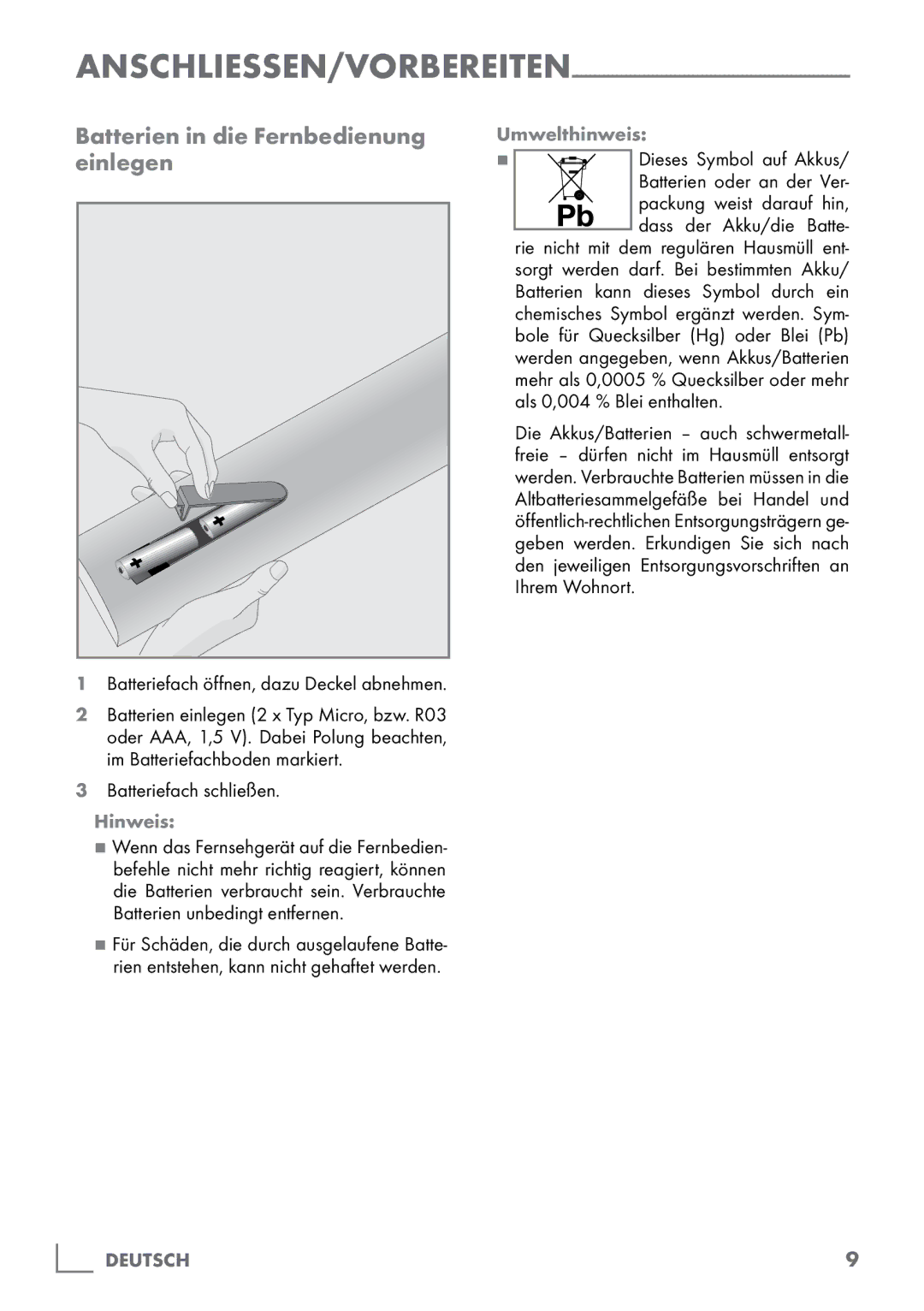 Grundig 40 VLE 555 BG manual Batterien in die Fernbedienung einlegen, Batteriefach schließen. Hinweis, Umwelthinweis 