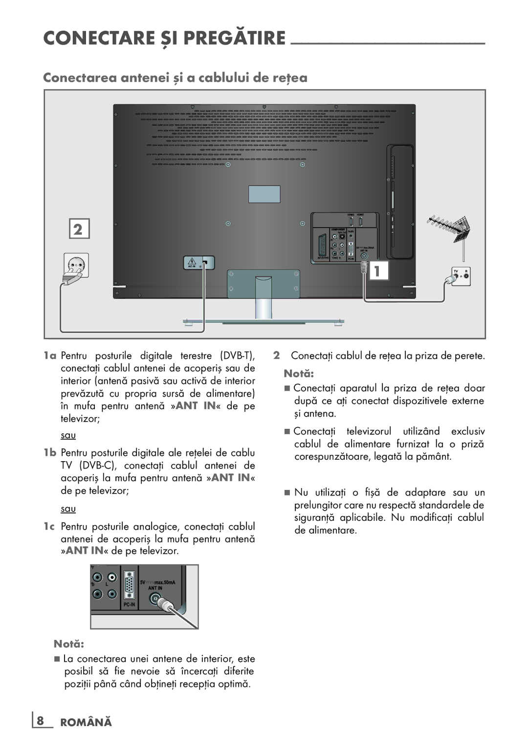 Grundig 40 VLE 6142 C manual Conectarea antenei şi a cablului de reţea, Notă, Conectaţi cablul de reţea la priza de perete 