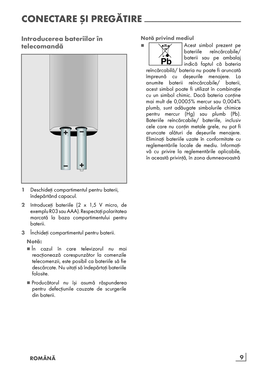 Grundig 40 VLE 6142 C manual Introducerea bateriilor în telecomandă, Notă privind mediul, Română ­9 