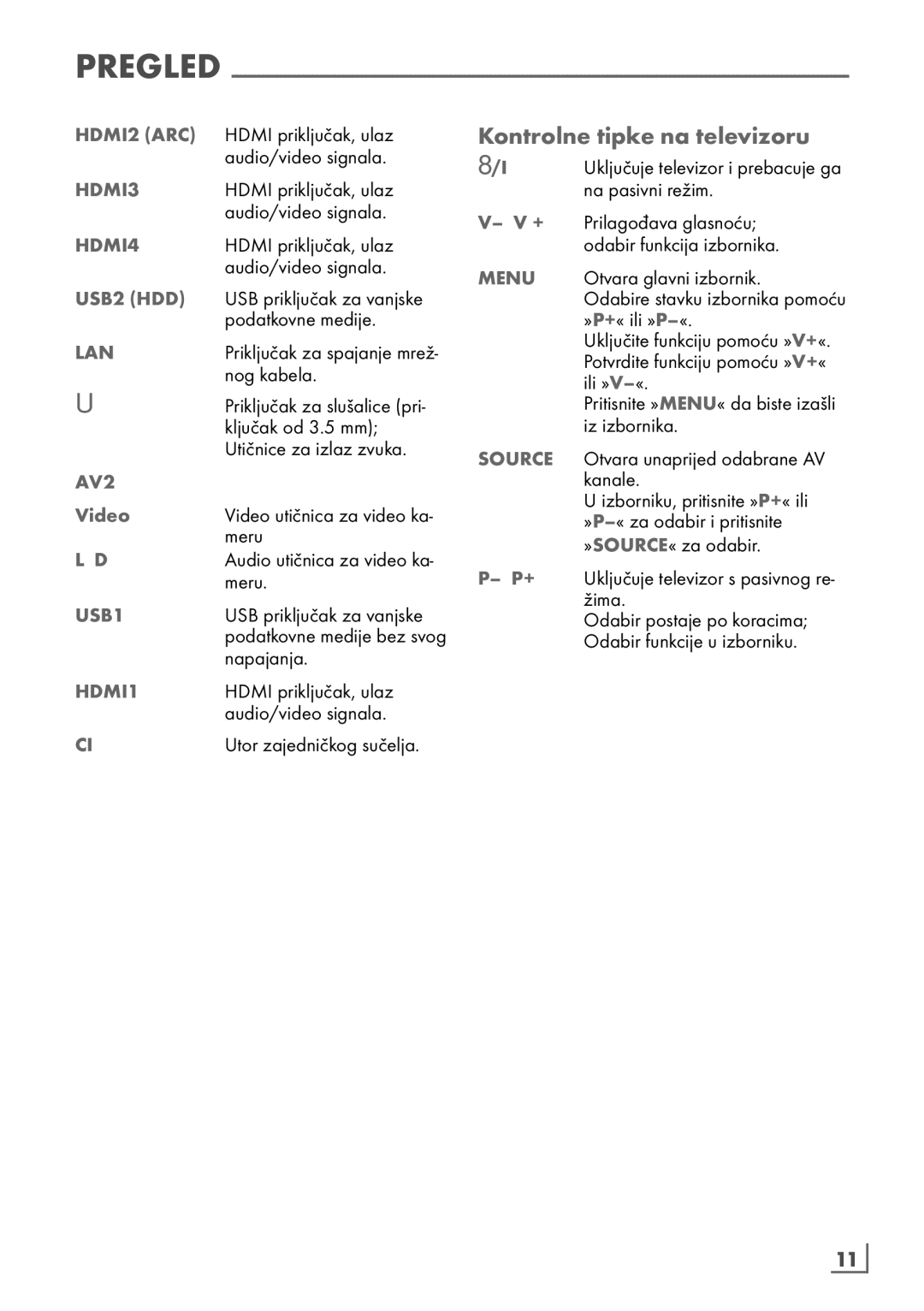 Grundig 40 vle 630 bh manual Kontrolne tipke na televizoru, Hrvatski ­11 