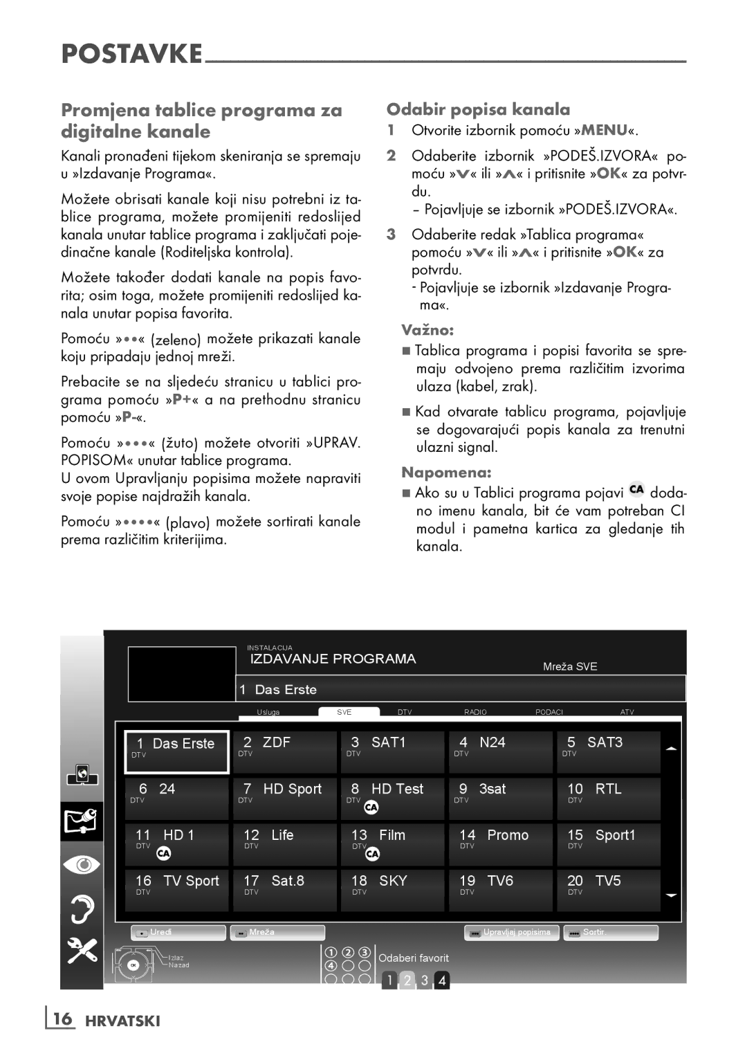 Grundig 40 vle 630 bh manual Promjena­tablice­programa­za­ Digitalne­kanale, Odabir­popisa­kanala, Važno, ­16 Hrvatski 