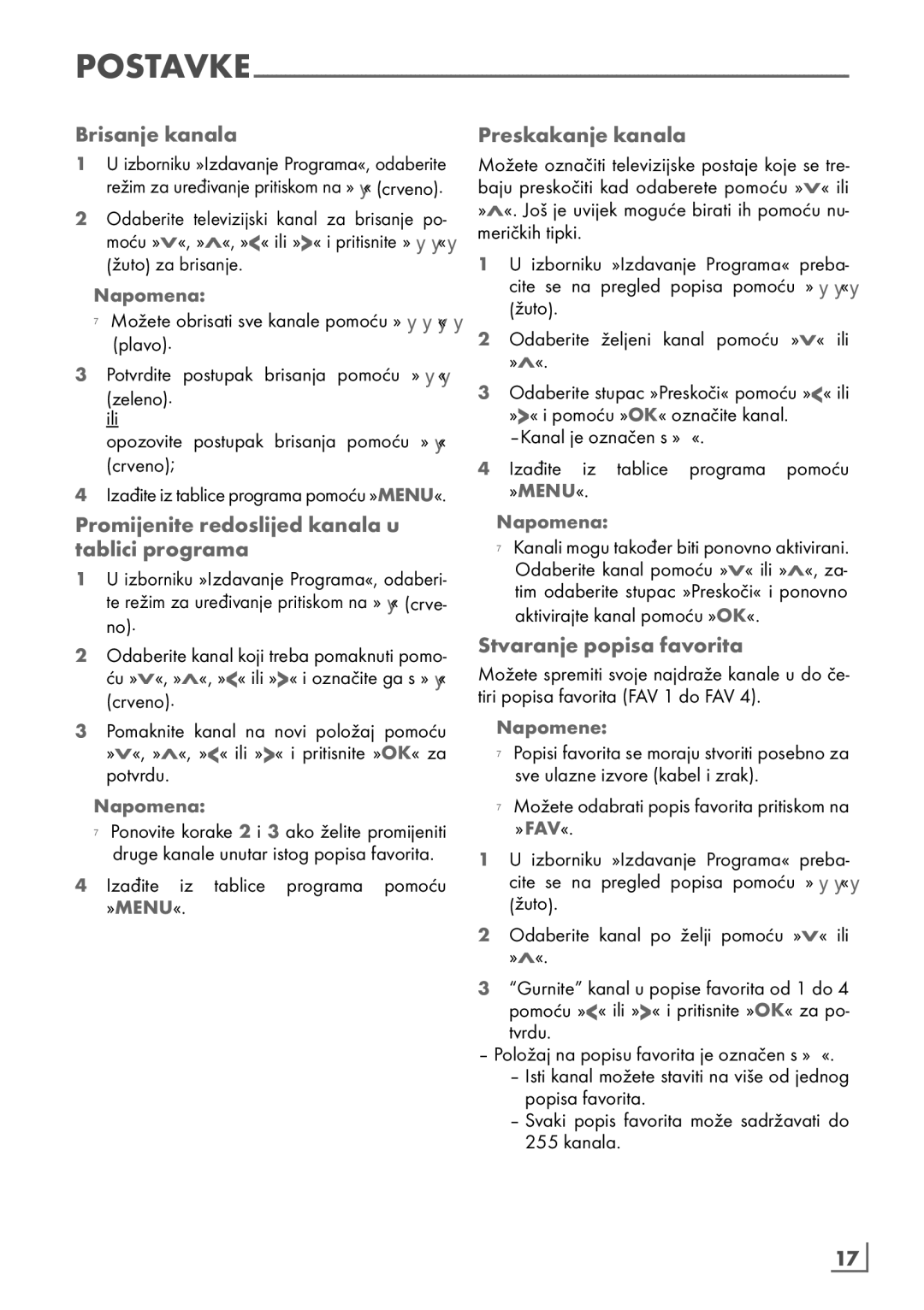Grundig 40 vle 630 bh Brisanje kanala, Promijenite redoslijed kanala u tablici programa, Preskakanje kanala, Hrvatski ­17 