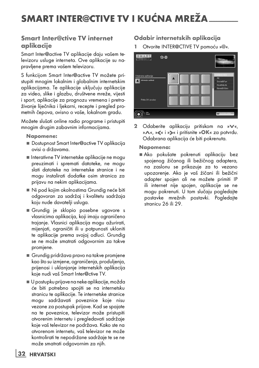 Grundig 40 vle 630 bh manual Smart­Inter@ctive­TV­internet­ aplikacije, Odabir­internetskih­aplikacija, ­32 Hrvatski 