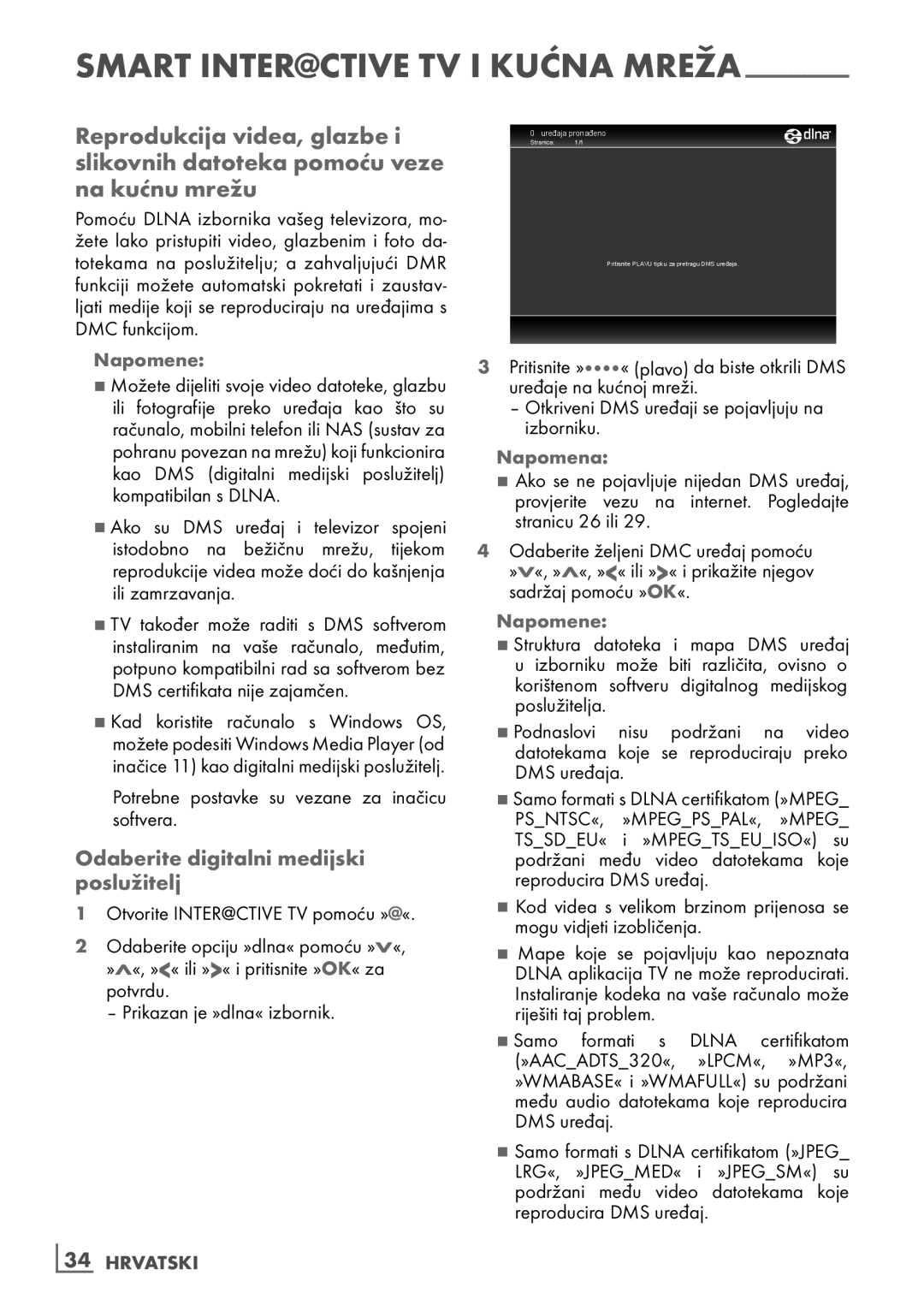 Grundig 40 vle 630 bh manual Odaberite digitalni medijski poslužitelj, Potrebne postavke su vezane za inačicu softvera 