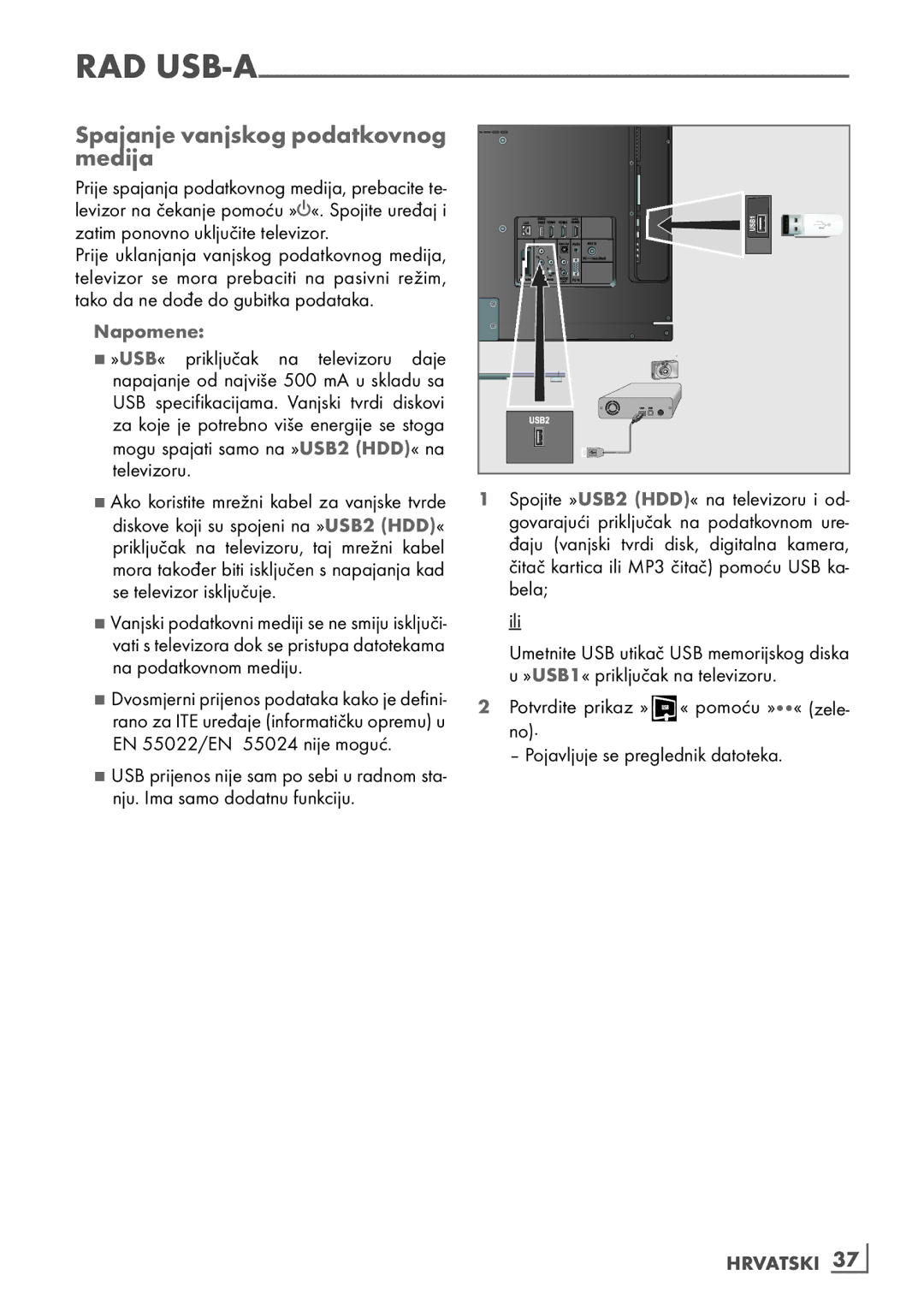 Grundig 40 vle 630 bh manual Spajanje­vanjskog­podatkovnog­ Medija­, Hrvatski ­37 