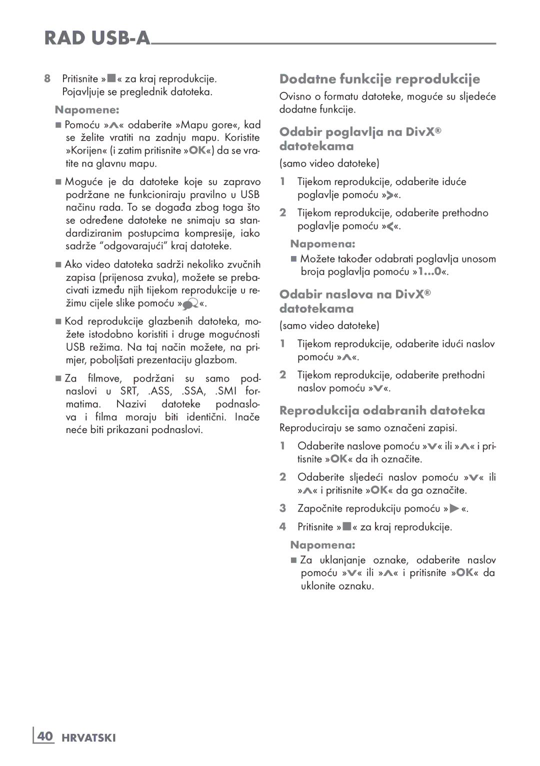 Grundig 40 vle 630 bh Dodatne funkcije reprodukcije, Odabir poglavlja na DivX datotekama, Reprodukcija odabranih datoteka 