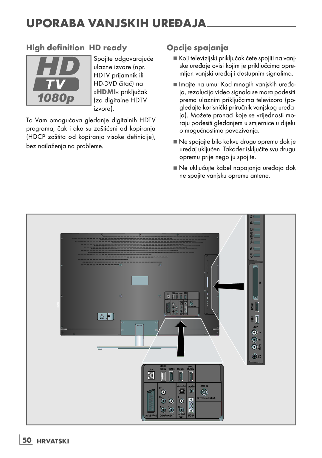 Grundig 40 vle 630 bh manual High­definition­­Hd­ready opcije­spajanja, Za digitalne Hdtv izvore, ­50 Hrvatski 